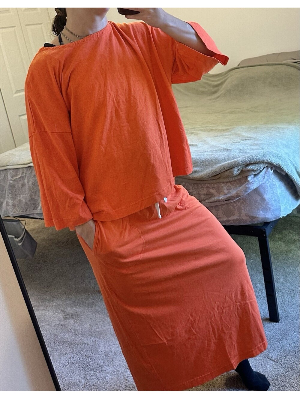 Free People Two Piece Maxi Skirt Top Set Orange Boho Festival Size S Oversized